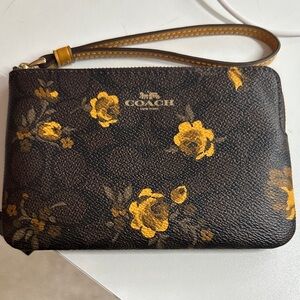 COACH Brown Leather Wristlet with Yellow Floral Print